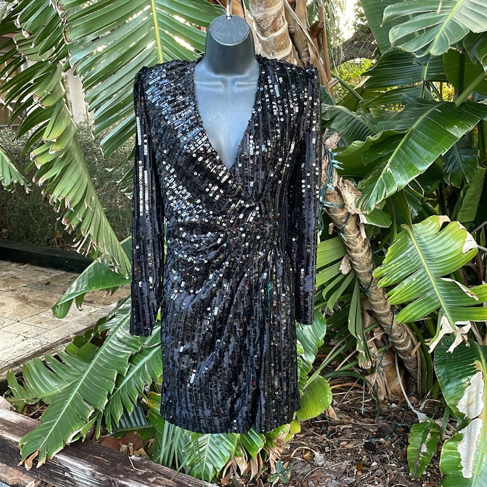 Astr black wrap, velvet sequin dress with shoulder pads